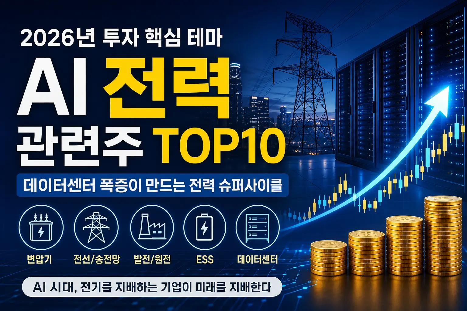 AI 데이터센터 확대와 전력 수요 증가로 주목받는 AI 전력 관련주 TOP10 인포그래픽