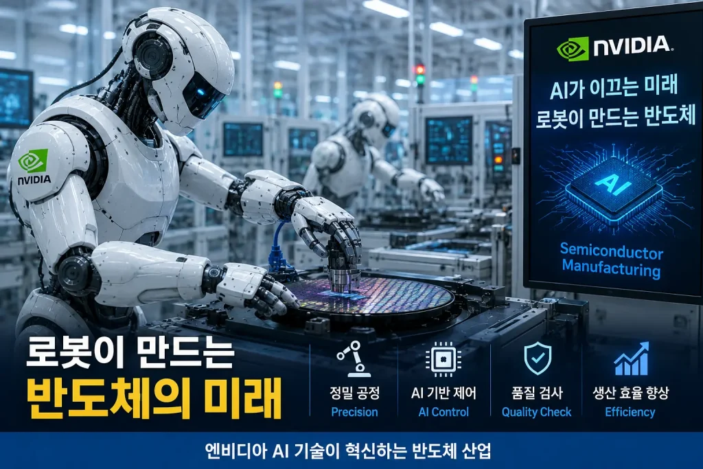 휴머노이드 로봇이 AI 기반 반도체 생산 공정에서 웨이퍼를 가공하는 미래형 스마트 팩토리 이미지
