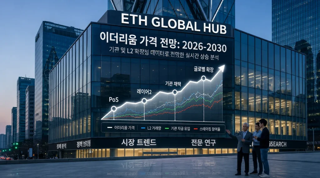 ETH 글로벌 허브 건물에 표시된 이더리움 가격 전망 차트와 기관 투자 및 레이어2 성장 분석 이미지