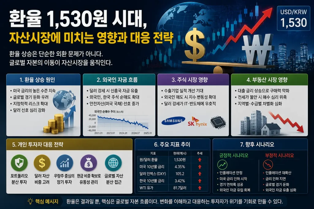 환율 상승이 주식시장, 부동산시장, 외국인 자금 흐름에 미치는 영향을 정리한 경제 인포그래픽