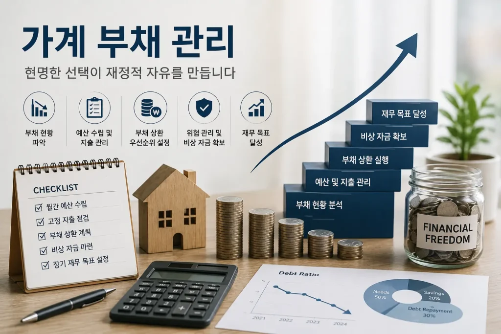 가계부채 분석부터 부채 상환, 비상자금 확보, 재무 목표 달성까지의 과정을 보여주는 경제 인포그래픽