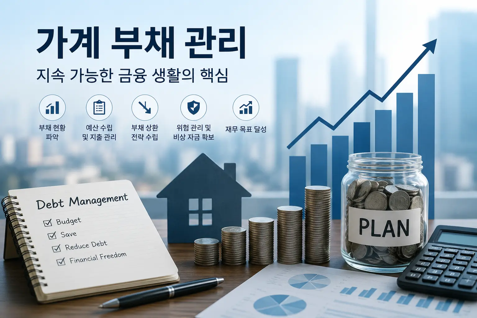 가계부채 관리 전략과 금리 변화, 부동산 시장 및 금융 안정성을 나타내는 경제 인포그래픽