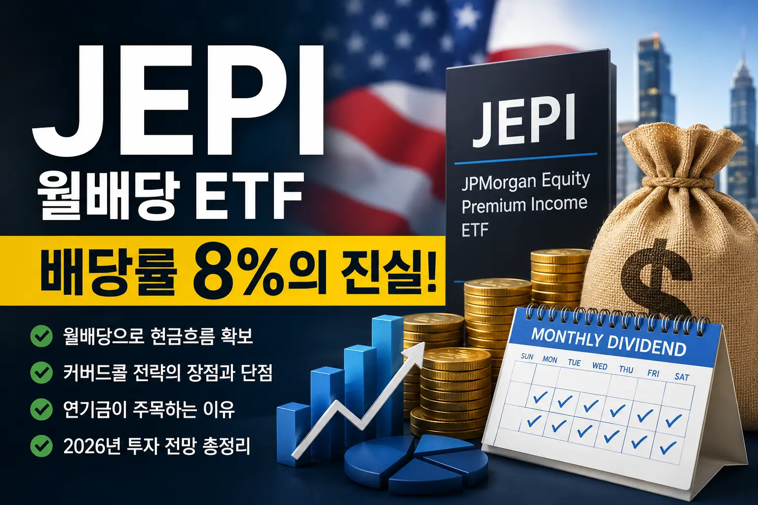 JEPI ETF의 월배당 수익률과 투자 전망을 설명하는 대표 이미지. 배당률 8%, 커버드콜 전략, 월배당 ETF 특징을 시각화한 그래픽