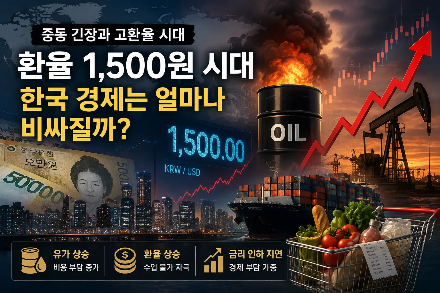 중동 지정학적 리스크로 원달러 환율 1500원 가능성이 제기되는 가운데 유가 상승과 한국 경제 비용 부담 증가를 나타낸 이미지
