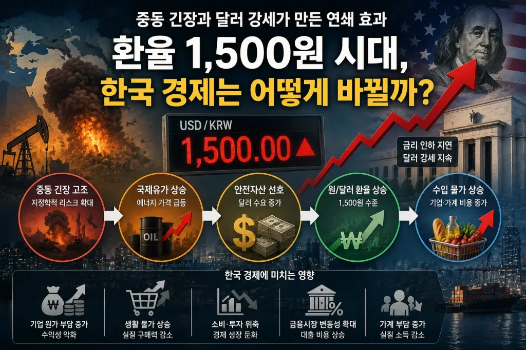 중동 지정학적 리스크가 국제유가 상승과 달러 강세를 유발하고 원달러 환율 상승 및 한국 경제 비용 부담 증가로 이어지는 과정을 설명한 인포그래픽