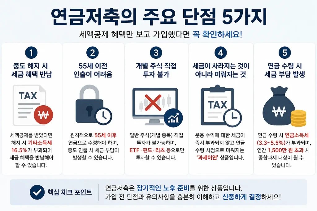 연금저축 계좌의 주요 단점 5가지를 정리한 인포그래픽 이미지