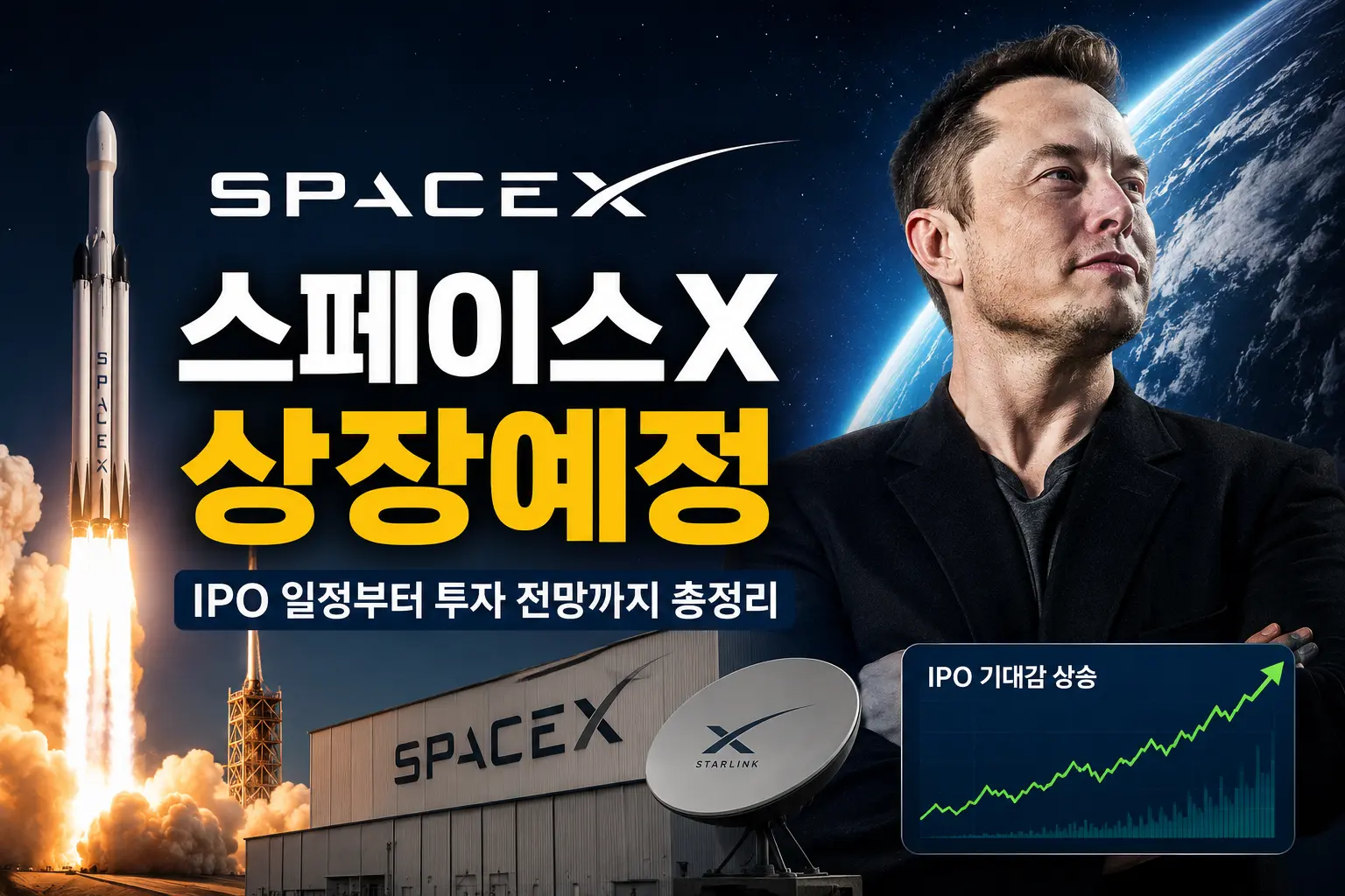 스페이스X 상장예정 관련 이미지로 일론 머스크와 로켓 발사 장면, 스타링크 및 IPO 투자 전망을 나타낸 그래픽
