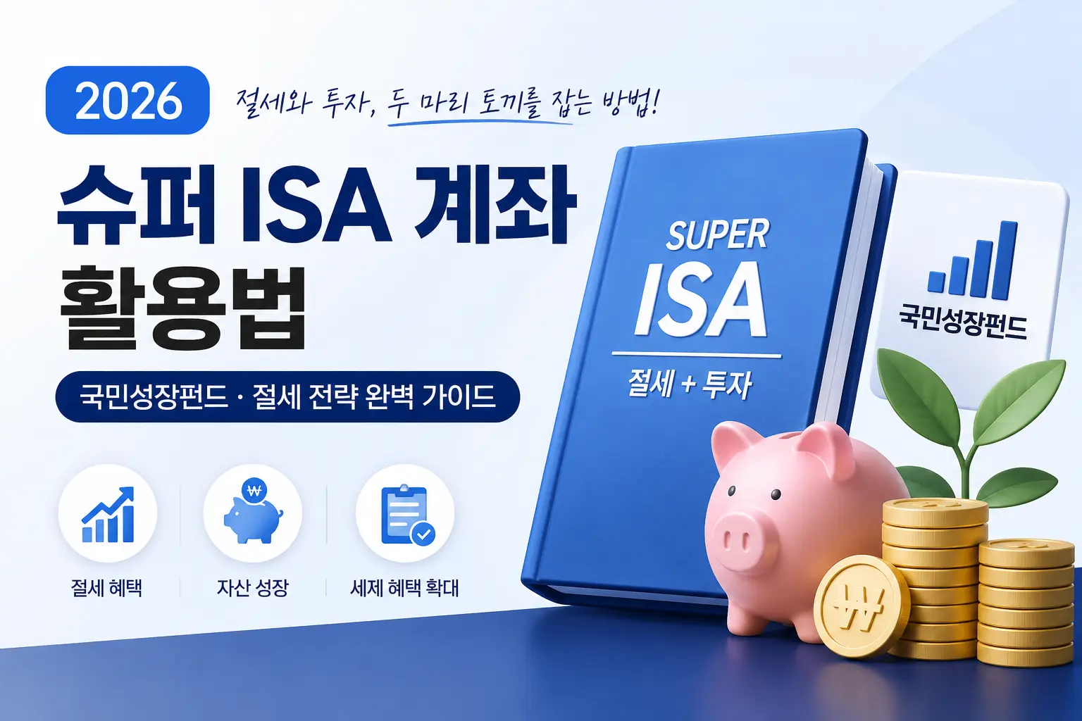 2026년 슈퍼 ISA 계좌 활용법과 국민성장펀드 절세 전략을 설명하는 투자 인포그래픽