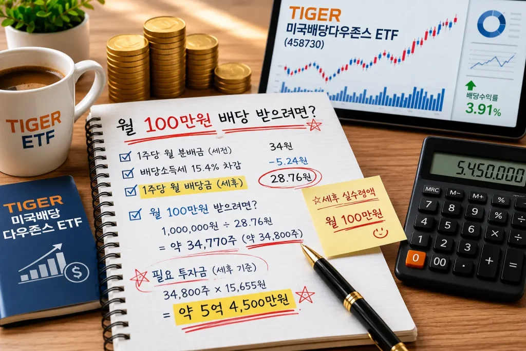 TIGER 미국배당다우존스 ETF 배당소득세 15.4%를 반영한 월 100만원 배당 필요 투자금 계산
