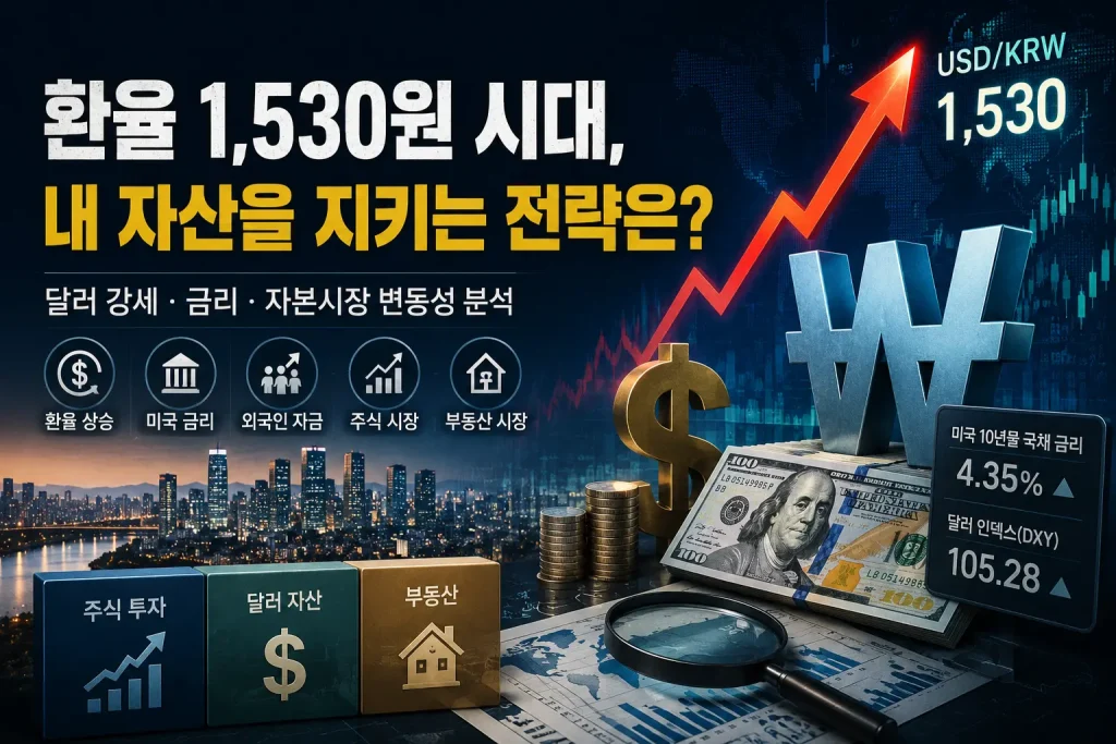 달러 강세와 환율 상승이 주식 시장, 부동산 시장, 외국인 자금 흐름에 미치는 영향을 설명하는 인포그래픽