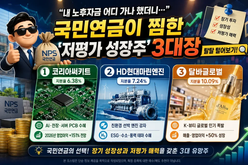 국민연금이 투자한 저평가 성장주 코리아써키트, HD현대마린엔진, 달바글로벌의 투자 포인트와 성장성을 소개하는 인포그래픽