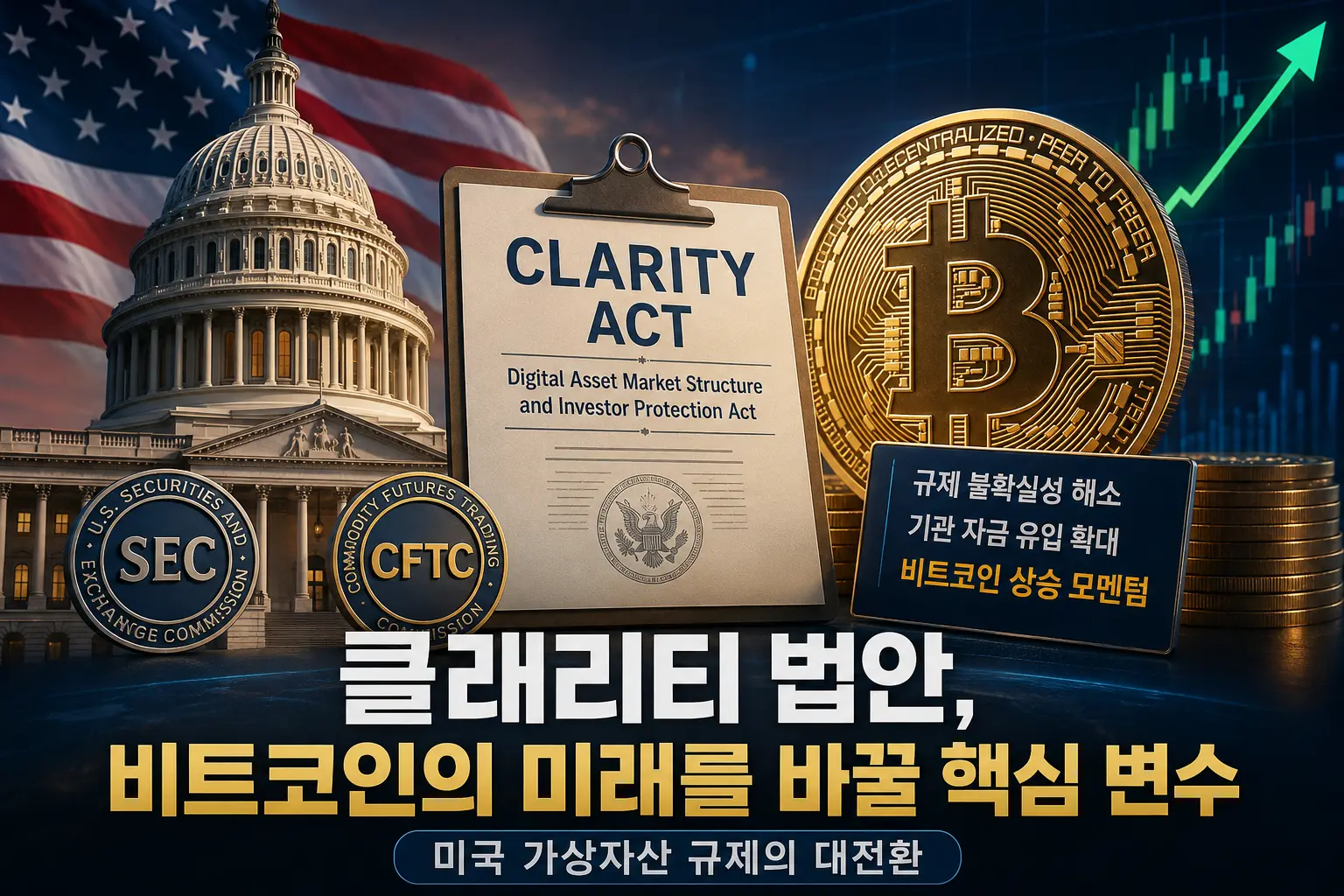미국 클래리티(CLARITY) 법안과 비트코인 규제 변화, 기관 자금 유입 기대를 표현한 대표 이미지