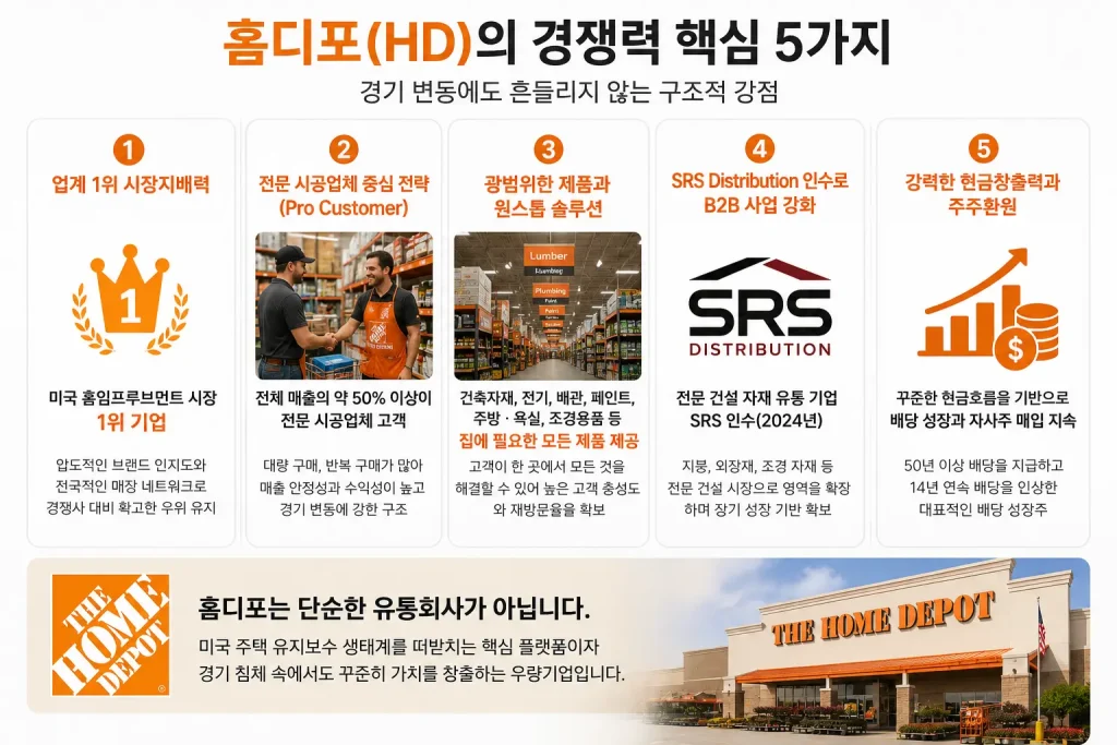 홈디포(HD)의 시장지배력, Pro 고객 전략, SRS Distribution 인수, 배당 성장 등 핵심 경쟁력을 정리한 인포그래픽