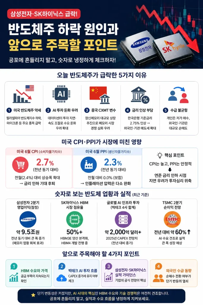미국 CPI·PPI 발표와 AI 투자 둔화 우려, 중국 CXMT 변수, HBM 수요 및 삼성전자·SK하이닉스 실적을 정리한 반도체주 하락 원인 모바일 인포그래픽
