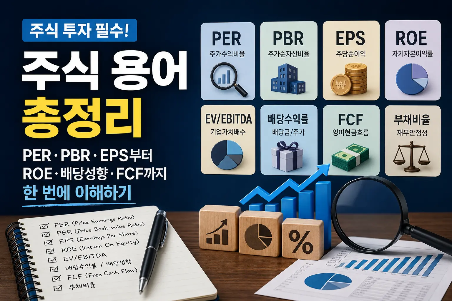 주식 투자에 필요한 PER, PBR, EPS, ROE, EV/EBITDA, FCF 등 핵심 투자 지표를 한눈에 정리한 인포그래픽