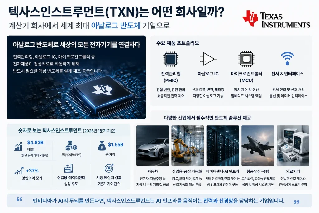 SCHD 보유종목 TOP10 ③ 텍사스인스트루먼트(TXN) 기업분석|SCHD가 AI 시대에도 이 회사를 담는 이유 2 텍사스인스트루먼트(TXN)의 아날로그 반도체 사업 구조와 주요 제품, 산업별 활용 분야를 정리한 인포그래픽