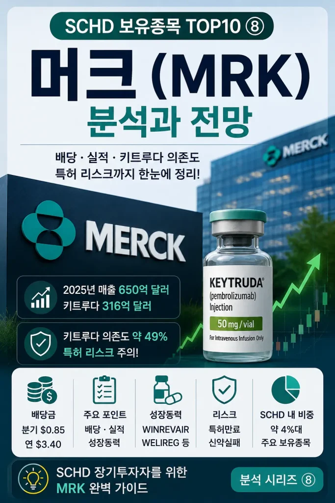 SCHD 보유종목 머크 MRK 배당 실적 키트루다 의존도와 특허 리스크 인포그래픽