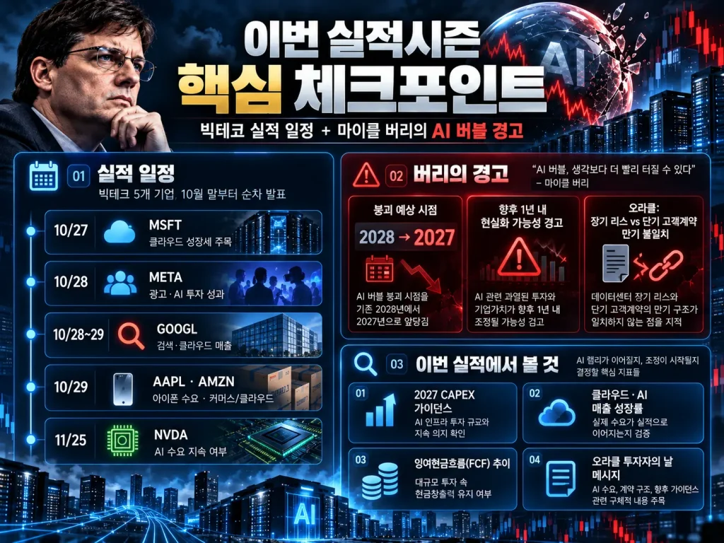 2026년 10월 빅테크 실적발표 일정, 마이클 버리가 앞당긴 AI 버블 붕괴 시점 2 이번 실적시즌 핵심 체크포인트 인포그래픽: 빅테크 실적 일정, 마이클 버리의 AI 버블 경고, 오라클 장기 리스 vs 단기 고객계약 만기 불일치, 이번 실적에서 확인할 4가지 포인트