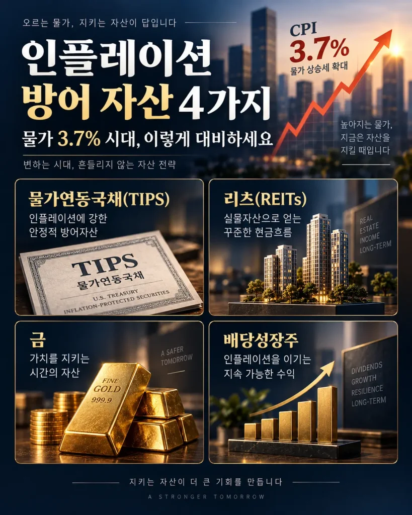 소비자물가 다시 3.7%, 인플레이션 시대에 자산을 지키는 방법 2 인플레이션 방어 자산 4가지 물가연동국채 리츠 금 배당성장주 인포그래픽