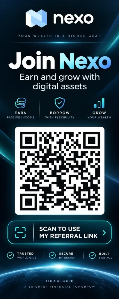 NEXO 가입 레퍼럴 QR 배너 - Join Nexo, Earn and grow with digital assets