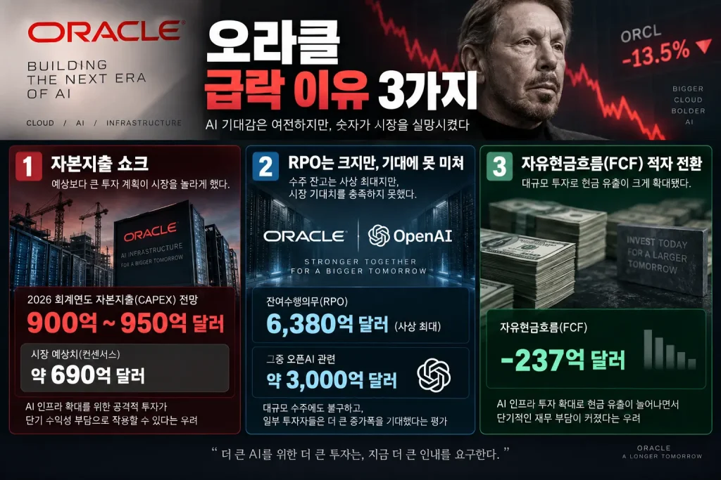 오라클 주가 급락 이유 3가지: 자본지출 쇼크 900~950억 달러, 오픈AI 집중 RPO 6,380억 달러, 현금흐름 악화 FCF -237억 달러 인포그래픽