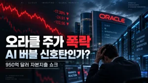 오라클 주가 폭락과 AI 버블 신호탄 우려를 나타내는 대표 이미지, 오라클 본사 서버랙과 하락하는 주가 그래프