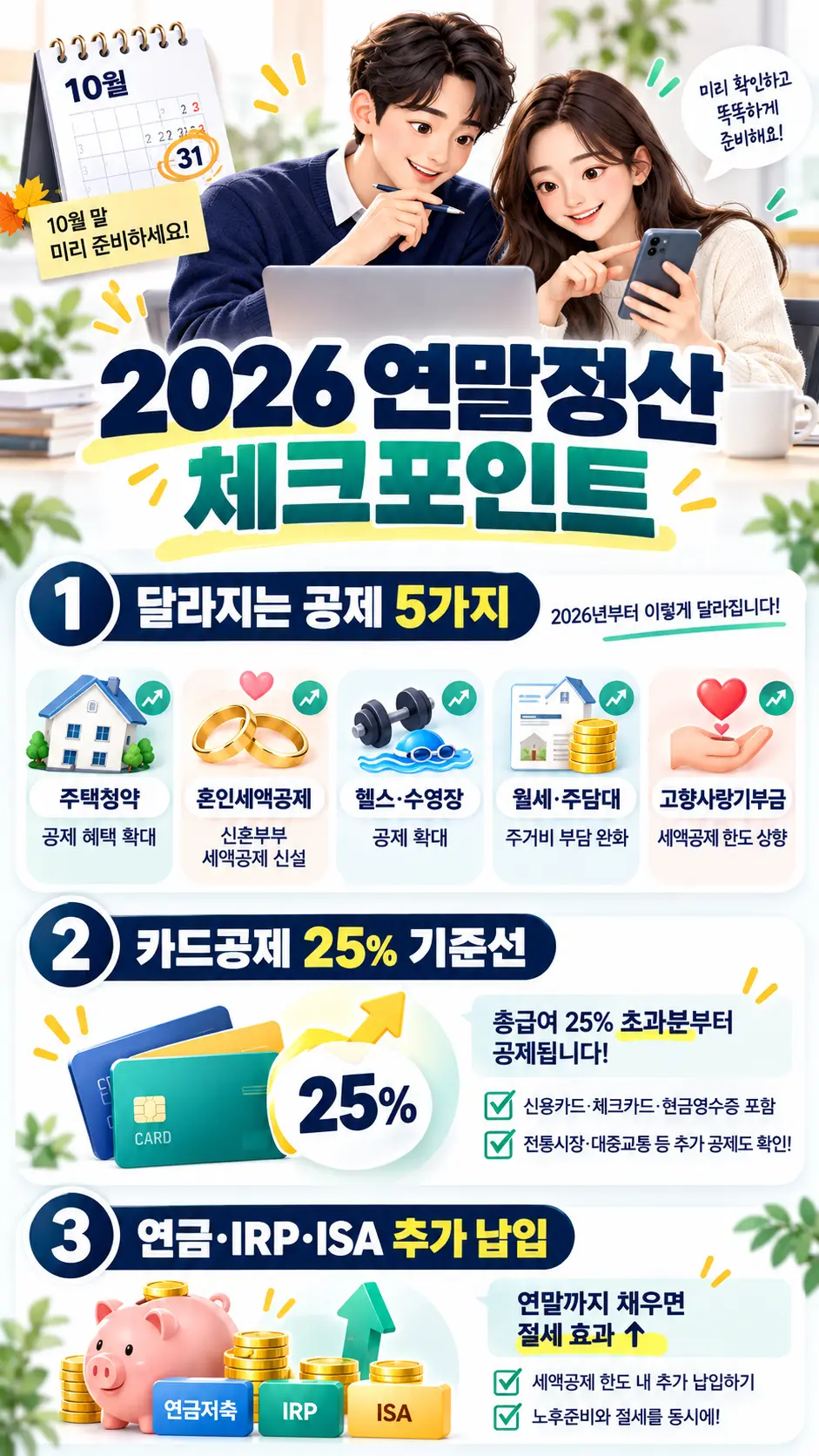 2026년 연말정산 체크포인트 3단계 - 달라지는 공제 5가지, 카드공제 25% 기준선, 연금 IRP ISA 추가납입 인포그래픽