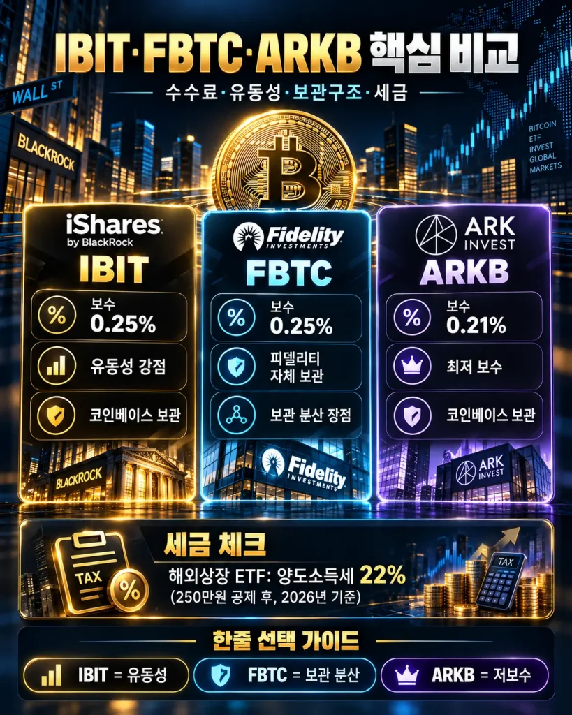 비트코인 ETF 3종 비교: IBIT vs FBTC vs ARKB 2 IBIT FBTC ARKB 핵심 비교 인포그래픽: 수수료, 보관구조, 양도소득세 22%, 한줄 선택 가이드