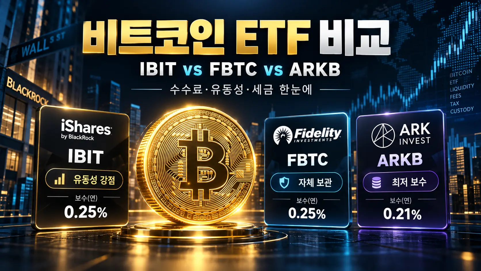 비트코인 ETF 비교, IBIT FBTC ARKB 수수료 유동성 세금을 나타내는 대표 이미지