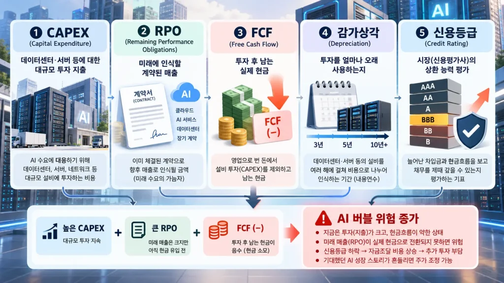 CAPEX, RPO, FCF, 감가상각, 신용등급 재무 용어 5가지를 설명하고 AI 버블 위험 요인을 정리한 인포그래픽