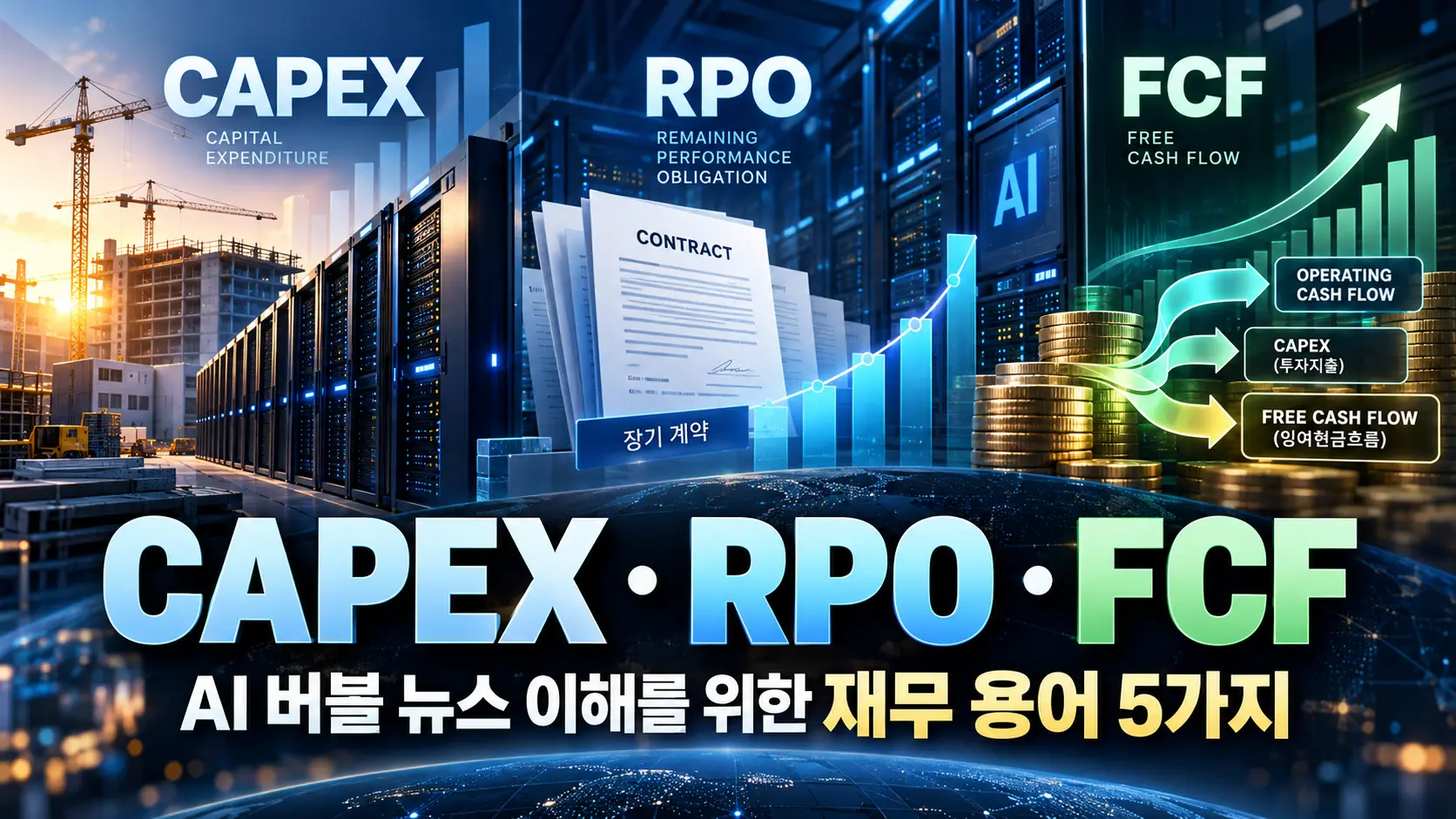 CAPEX, RPO, FCF 등 AI 버블 뉴스 이해를 위한 재무 용어 5가지를 나타내는 대표 이미지