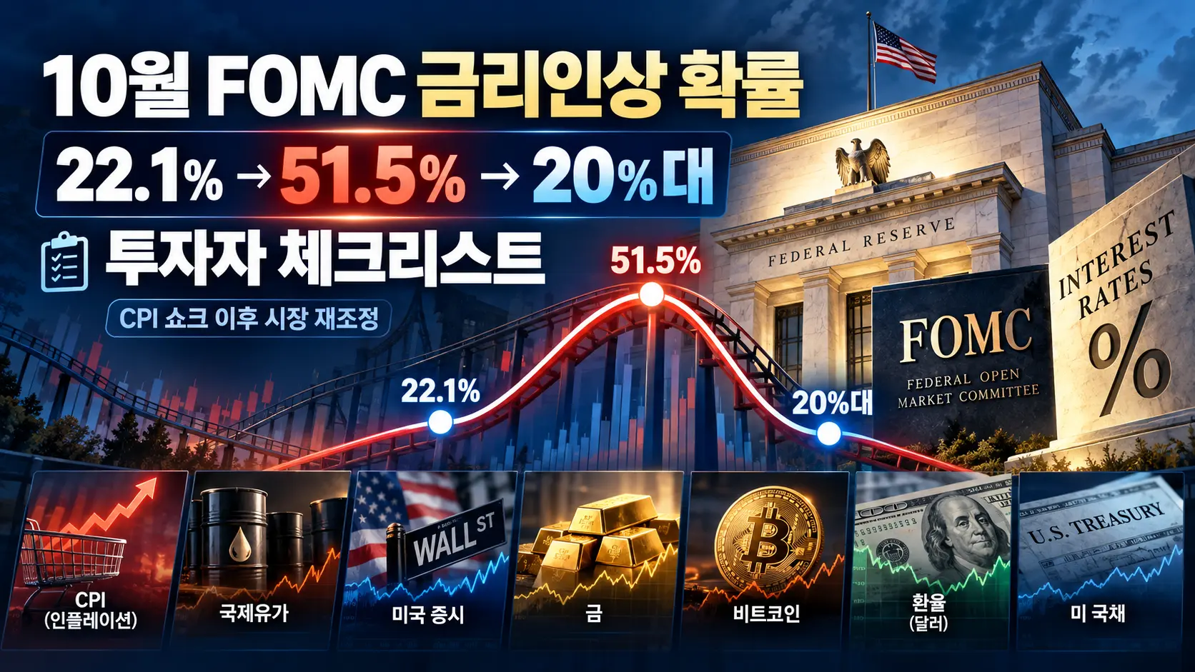 10월 FOMC 금리인상 확률 22.1%에서 51.5%로 급등 후 20%대로 재조정, 투자자 체크리스트 대표이미지