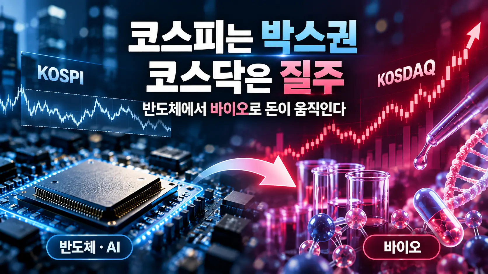 코스피 박스피 현상과 코스닥 바이오 질주, 반도체에서 바이오로 돈이 움직이는 모습을 나타내는 대표 이미지