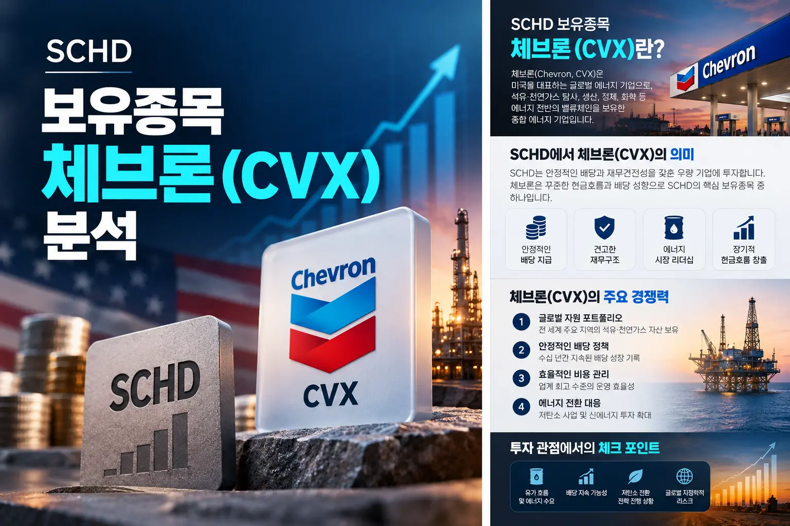 SCHD 보유종목이 바뀌었다|새로 TOP10에 들어온 체브론(CVX), 이란 전쟁 '석유 특수'의 주인공 2 SCHD 보유종목 체브론(CVX)란 무엇인지, SCHD에서의 의미와 주요 경쟁력, 투자 체크포인트 인포그래픽
