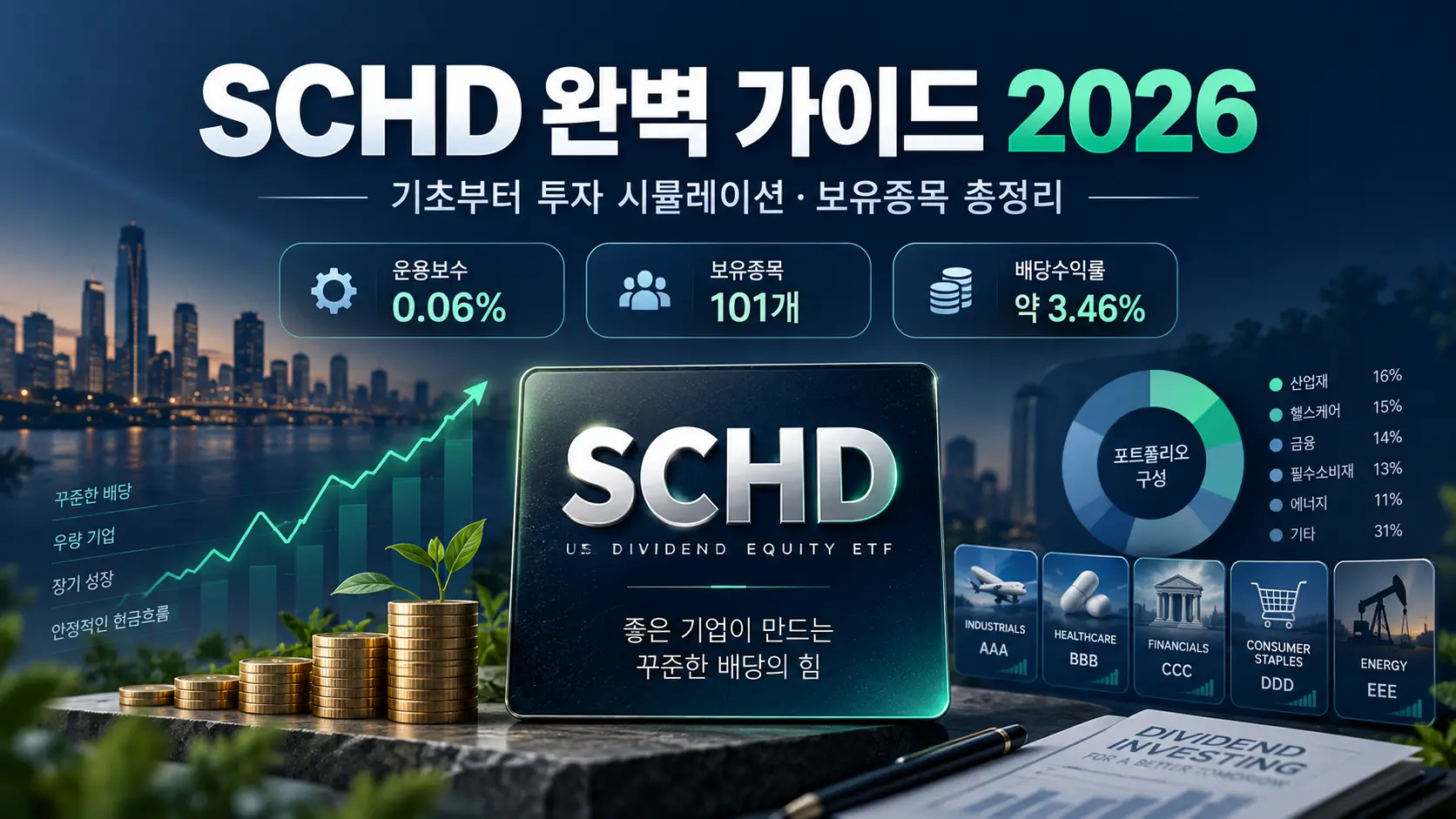 SCHD 완벽 가이드 2026: 운용보수 0.06%, 보유종목 101개, 배당수익률 약 3.46%를 나타내는 대표 이미지