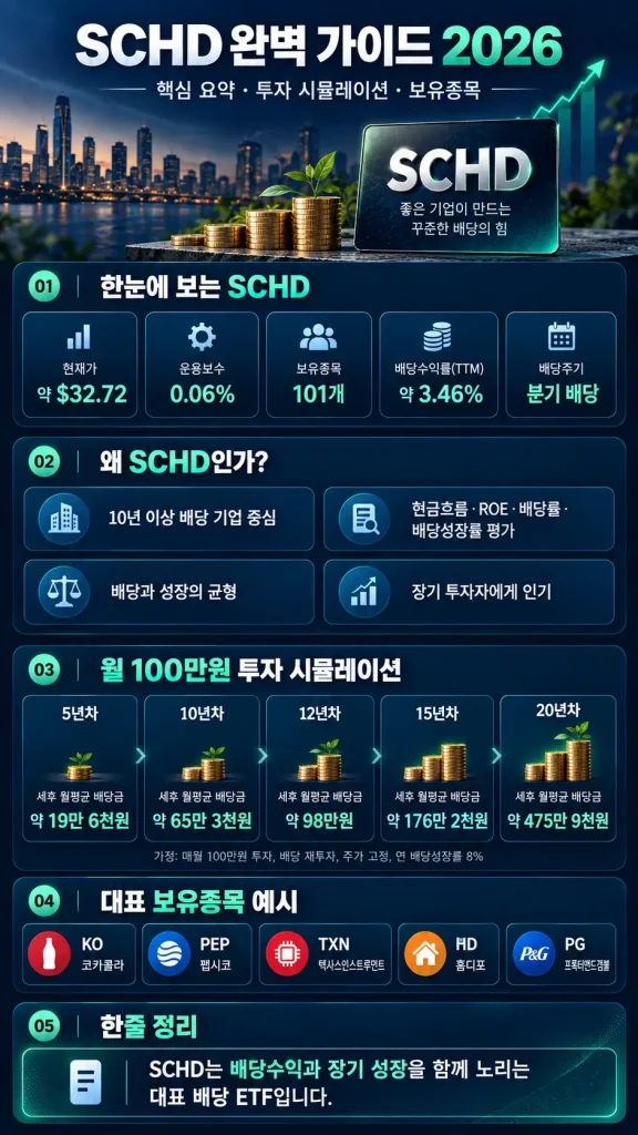 SCHD 완벽 가이드 핵심 요약 인포그래픽: 현재가 $32.72, 운용보수 0.06%, 보유종목 101개, 배당수익률(TTM) 약 3.46%, 월 100만원 투자 시뮬레이션(5년차~20년차), 대표 보유종목 KO·PEP·TXN·HD·PG