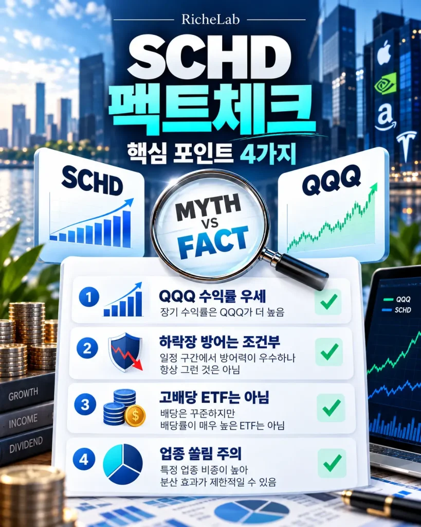 SCHD 팩트체크|커뮤니티에서 도는 주장 8가지, 실제 데이터로 검증했습니다 2 SCHD 팩트체크 핵심 포인트 4가지: QQQ 수익률 우세, 하락장 방어는 조건부, 고배당 ETF는 아님, 업종 쏠림 주의