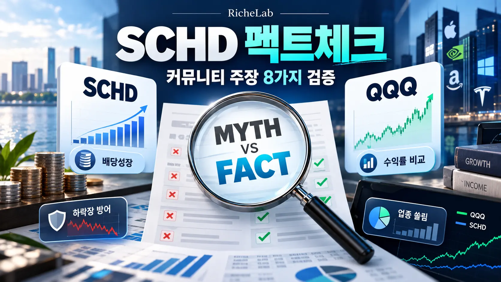 SCHD 팩트체크, 커뮤니티 주장 8가지 검증을 나타내는 대표 이미지, SCHD와 QQQ Myth vs Fact