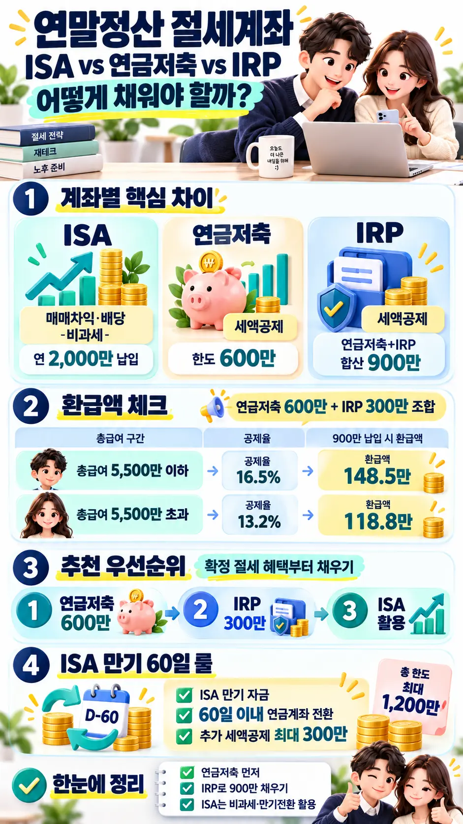 연말정산 절세계좌 완전정복: ISA vs 연금저축 vs IRP 우선순위 2 ISA 연금저축 IRP 계좌별 핵심 차이, 소득구간별 환급액, ISA 만기 60일 전환 룰 인포그래픽